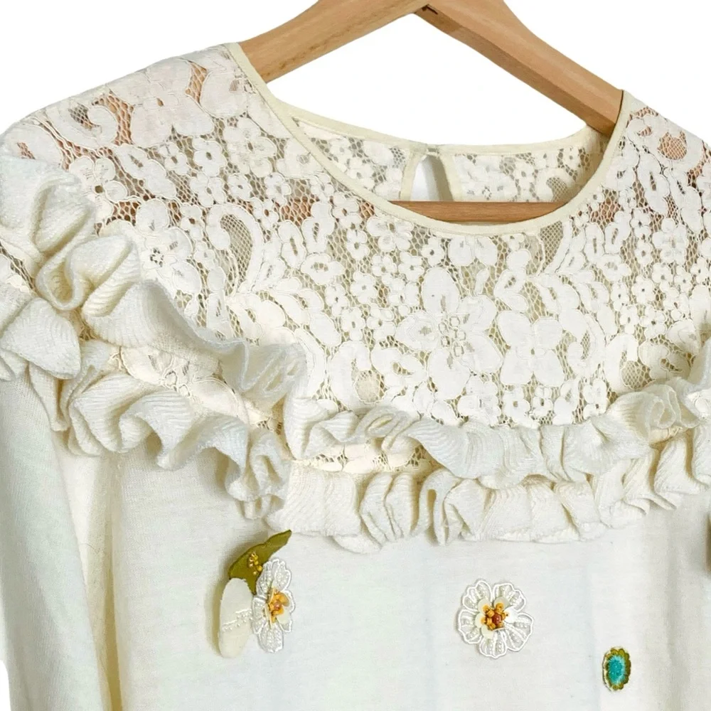 Lace Collar Crew Neck Sweater Large Cream 3D Flowers Embroidered Beaded Sequins